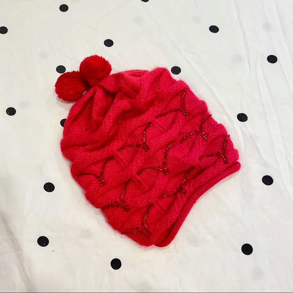 Red Pom Pom Slouchy Beanie with Rhinestones